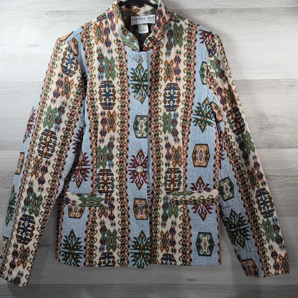 Bedford Fair Lifestyles Womens Tapestry Jacket Blue Southwestern Blazer Sz 12